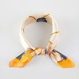 Nautical Rope Floral Pattern Printed Square Silky Satin Bandana Scarf