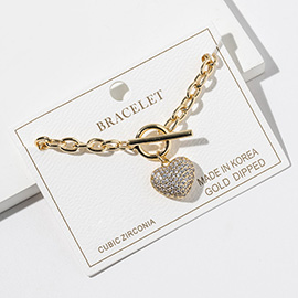 Gold Dipped CZ Stone Paved Heart Toggle Charm Chain Bracelet
