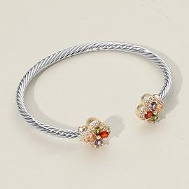 Floral CZ Stone Tip Two Tone Twisted Cuff Bracelet
