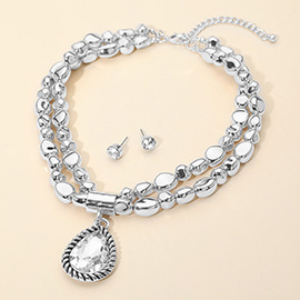 Bold Teardrop Pendant Metal Pebble Beaded Double Layered Statement Necklace