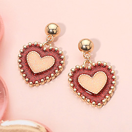 Enamel Glitter Beaded Edge Double Heart Dangle Earrings