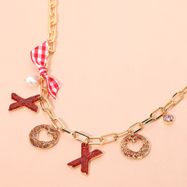 Glitter XOXO Pearl Heart Bow Charm Station Paperclip Chain Necklace