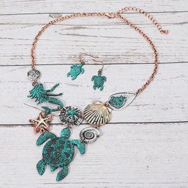 Antique Metal Turtle Sea Life Link Bib Necklace