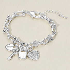 14K Gold Plated CZ Stone Paved Heart Key Lock Charm Industrial Link Chain Bracelet