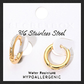 SECRET BOX_Stainless Steel Stone Paved Huggie Hoop Earrings