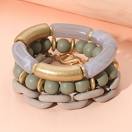 3PCS - Bold Wooden Mixed Beaded Stretch Resin Link Multi Layered Bracelets