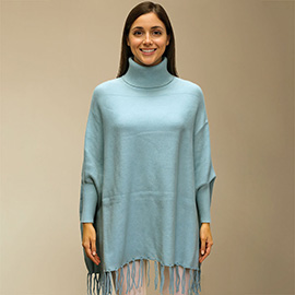 Cozy Turtleneck Fringe Hem Poncho