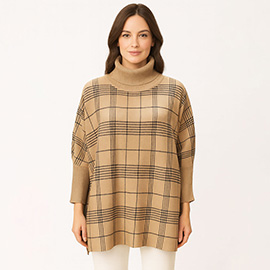 Checkered Turtleneck Knit Poncho
