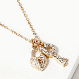 Rhinestone Paved Key Heart Lock Pendant Necklace