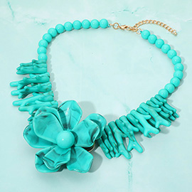 Bold Marbled Resin Flower Centerpiece Sculpted Coral Beaded Statement Necklace