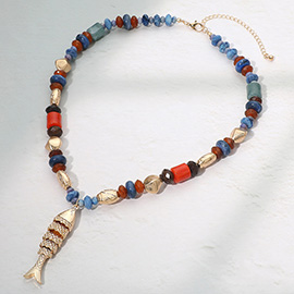 Fish Pendant Accent Multi Pebble Beaded Statement Necklace