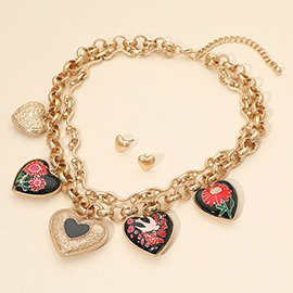 Chunky Mixed Motif Heart Charm Station Abstract Layered Chain Statement Necklace