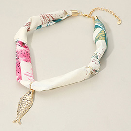 Fish Pendant Accent Fabric Scarf Necklace