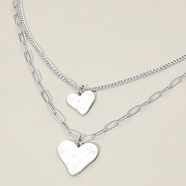 Hammered Metal Heart Pendant Accent Double Layered Necklace