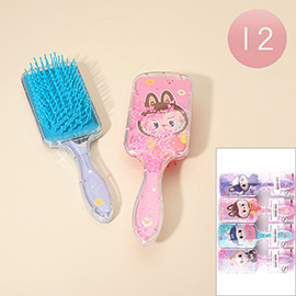 12PCS - Kids Monster Bunny Character Glitter Paddle Hair Brushes