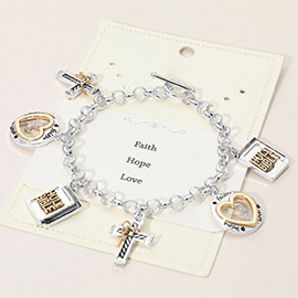 Two Tone Metal FAITH HOPE LOVE Message Charm Station Link Toggle Bracelet