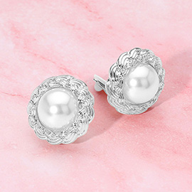 Round Pearl Center Metal Braided Frame Clip On Earrings