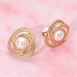 Pearl Center Textured Metal Knot Frame Clip On Earrings