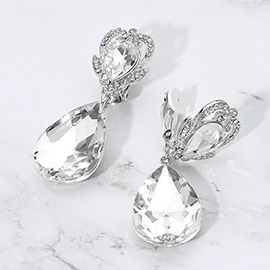 Ornate Top Faceted Teardrop Stone Dangle Clip On Evening Earrings