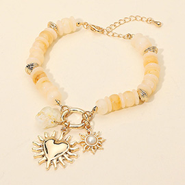 Heart Sunburst Pearl Charm Resin Disc Beaded Bracelet