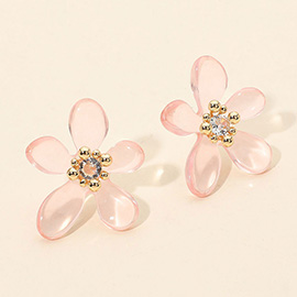 Round Center Stone Accent Transparent Resin Petal Flower Earrings
