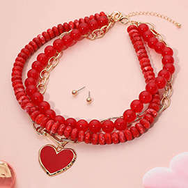 Enamel Heart Pendant Accent Chunky Beaded Layered Statement Necklace