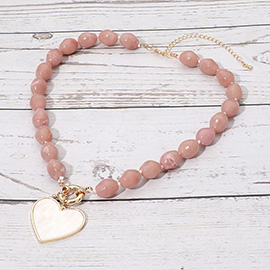 Mother of Pearl Heart Pendant Marbled Pebble Beaded Necklace