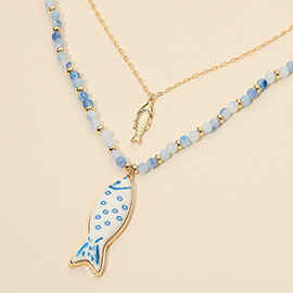 Fish Pendant Accent Beaded Chain Layered Necklace