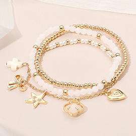 3PCS - Quatrefoil Bow Heart Cross Charm Pearl Metal Ball Faceted Beaded Stretch Multi Layered Bracelets