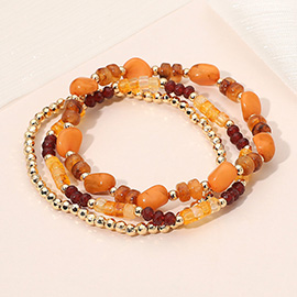 3PCS - Resin Pebble Metal Ball Beaded Stretch Multi Layered Bracelets