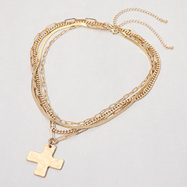 2PCS - Hammered Metal Cross Pendant Accent Multi Chain Layered Necklaces