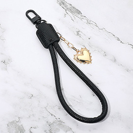 Heart Charm Drop Faux Leather Wristlet Keychain Bag Charm