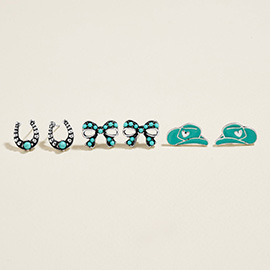 3Pairs - Western Horseshoe Bow Cowboy Hat Stud Earring Set