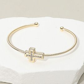 14K Gold Plated CZ Stone Paved Cross Accent Cuff Bracelet