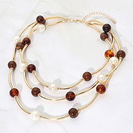 Resin Ball Pearl Metal Bar Beaded Double Strand Necklace