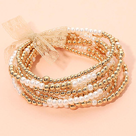 5PCS - Elegant Pearl Metal Beaded Stretch Multi Layered Bracelets
