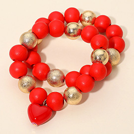 2PCS - Chunky Heart Charm Wooden Metal Ball Beaded Stretch Multi Layered Bracelets