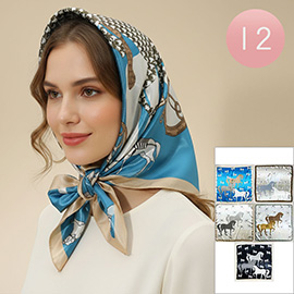 12PCS - Silky Feel Abstract Horse Pattern Printed Square Scarves