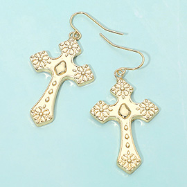 Embossed Metal Cross Drop Dangle Earrings
