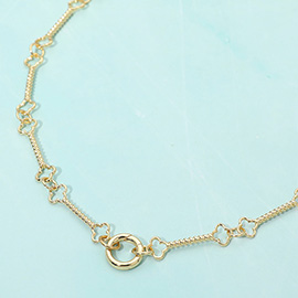 Open Metal Ring Accent Textured Clover Tip Bar Link Chain Necklace