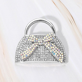 Rhinestone Studded Bow Accent Mini Handbag Pin Brooch