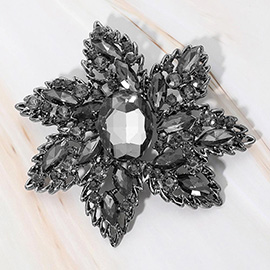 Oval Stone Center Rhinestone Studded Floral Statement Pin Brooch