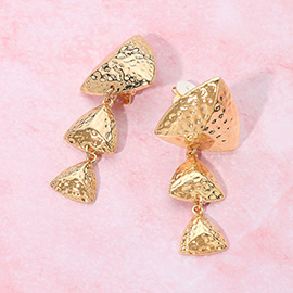 Triple Hammered Metal Triangle Link Drop Clip On Earrings