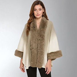 Faux Fur Trim Open Front Cape Shawl Poncho