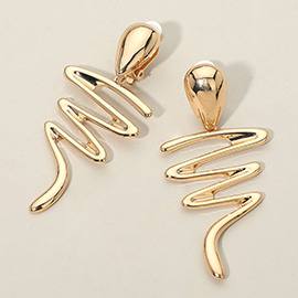 Bold Metal Abstract Wave Drop Dangle Clip On Earrings