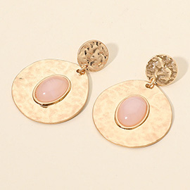 Oval Stone Center Hammered Disc Drop Dangle Earrings