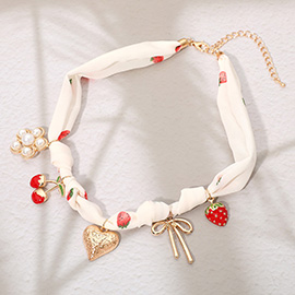 Metal Heart Bow Pearl Flower Enamel Cherry Strawberry Charm Fabric Scarf Necklace