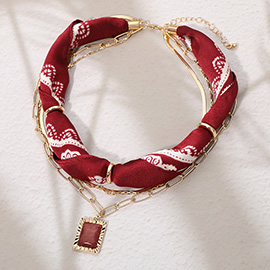 Rectangular Stone Pendant Accent Layered Fabric Scarf Necklace