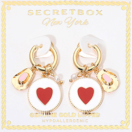 SECRET BOX_Genuine Gold Dipped Enamel Heart Disc Pearl Charm Beaded Huggie Hoop Earrings