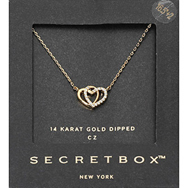 SECRET BOX_14K Gold Dipped CZ Stone Paved Double Heart Pendant Necklace